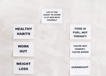 Minimalist display of motivational health and wellness quotes emphasizing healthy habits and weight management.